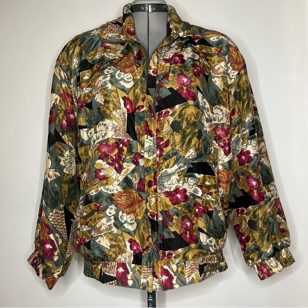 Vintage Fuda International 100% Silk 90’s Bomber Jacket Size M Floral Geometric